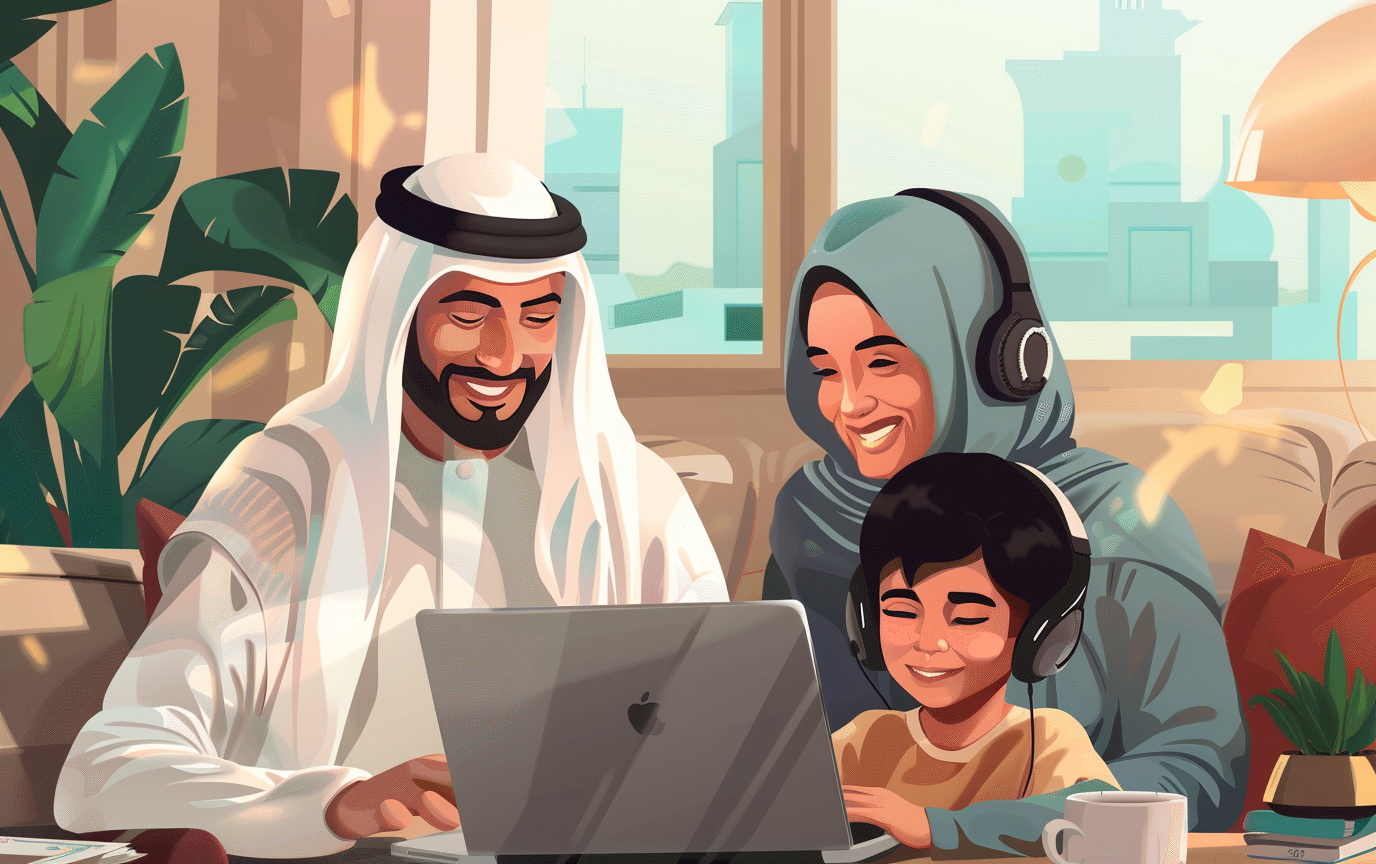 Gulf family supporting child studying English online